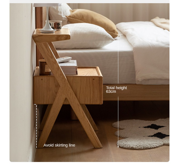 Oak Solid Wood Bedside Organizer with Integrated Lighting