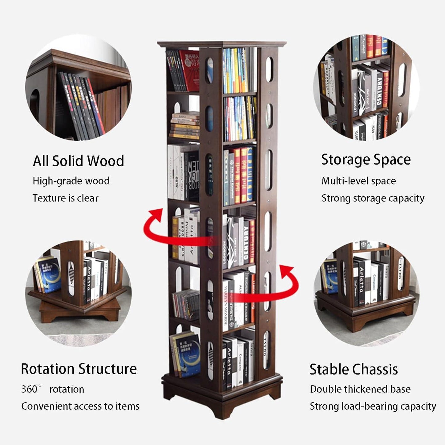 Rotating Bookshelf Solid Wood 360° Rotating Bookcase Floor-Standing Bookcase - Woodartdeal