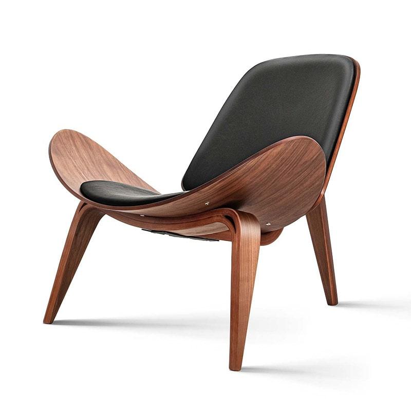 Modern Shell Chair Italian Leather Lounge Chair , Walnut