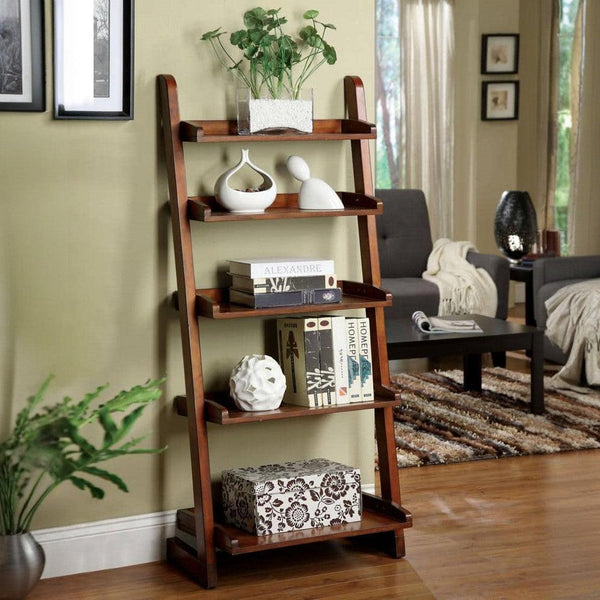 Solid Wood 5-Tier Ladder Shelf Bookcase in Walnut - Woodartdeal