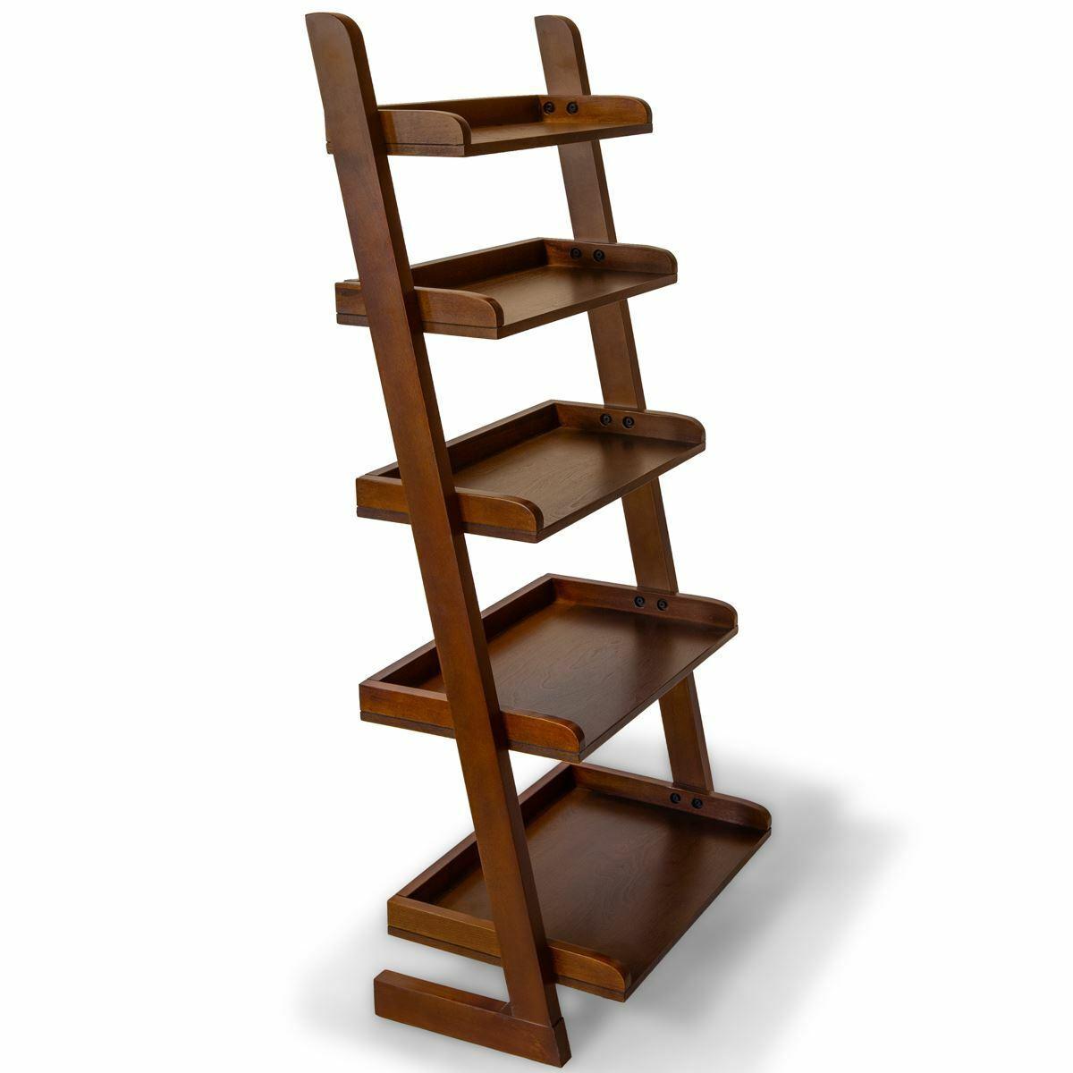 Solid Wood 5-Tier Ladder Shelf Bookcase in Walnut - Woodartdeal