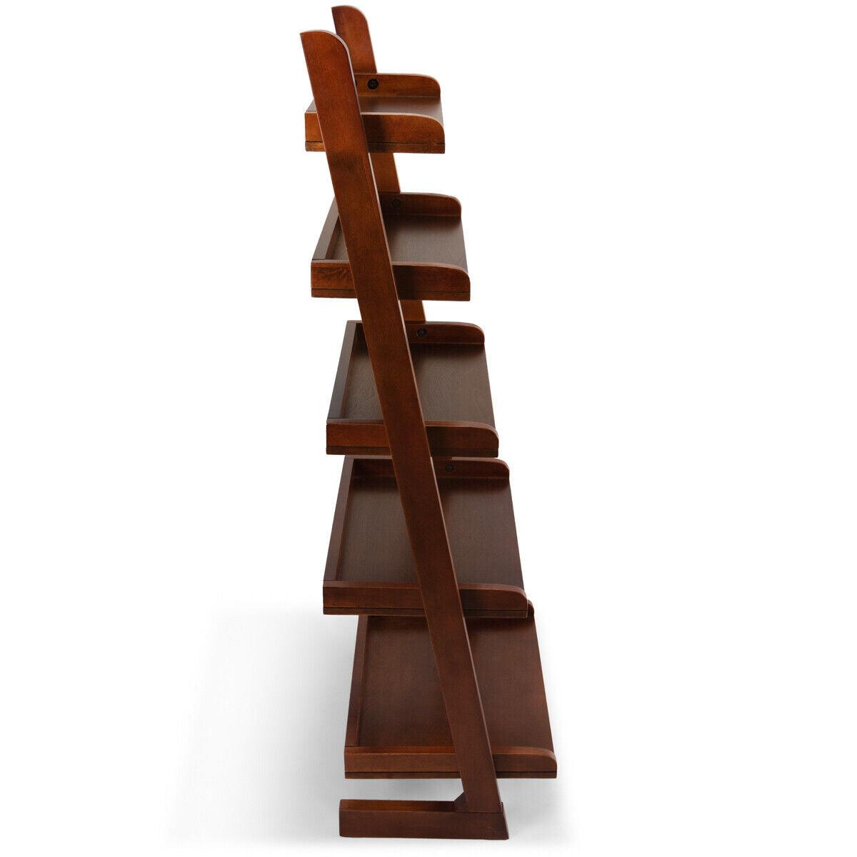 Solid Wood 5-Tier Ladder Shelf Bookcase in Walnut - Woodartdeal