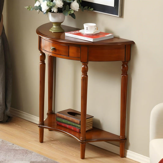 Solid Wood Half Moon Console Table With Shelf And Drawer - Woodartdeal