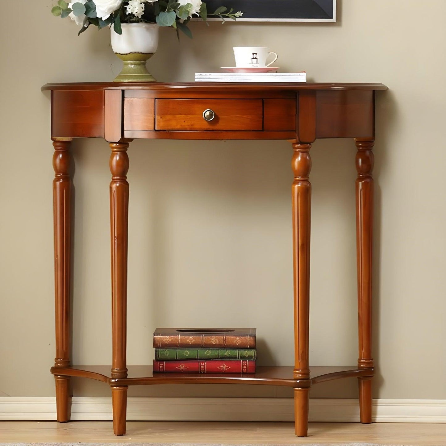 Solid Wood Half Moon Console Table With Shelf And Drawer - Woodartdeal