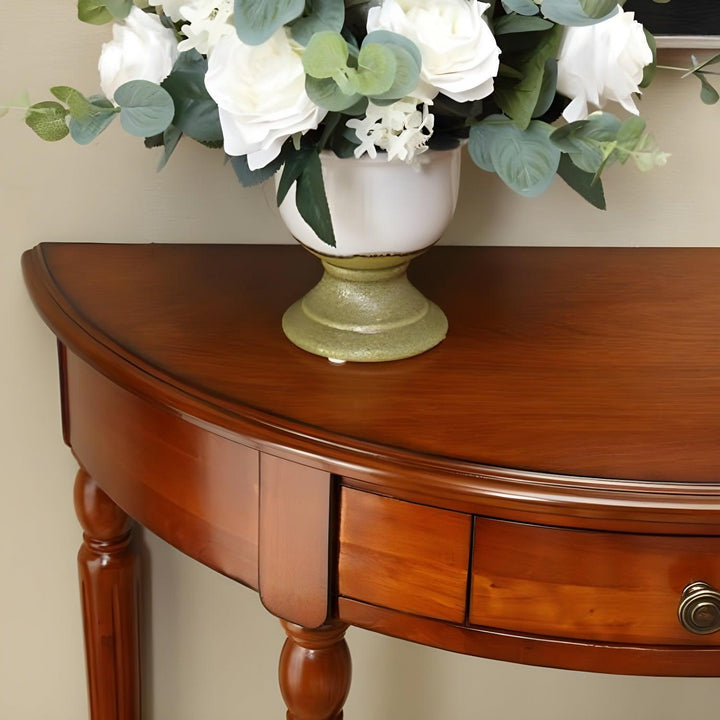 Solid Wood Half Moon Console Table With Shelf And Drawer - Woodartdeal