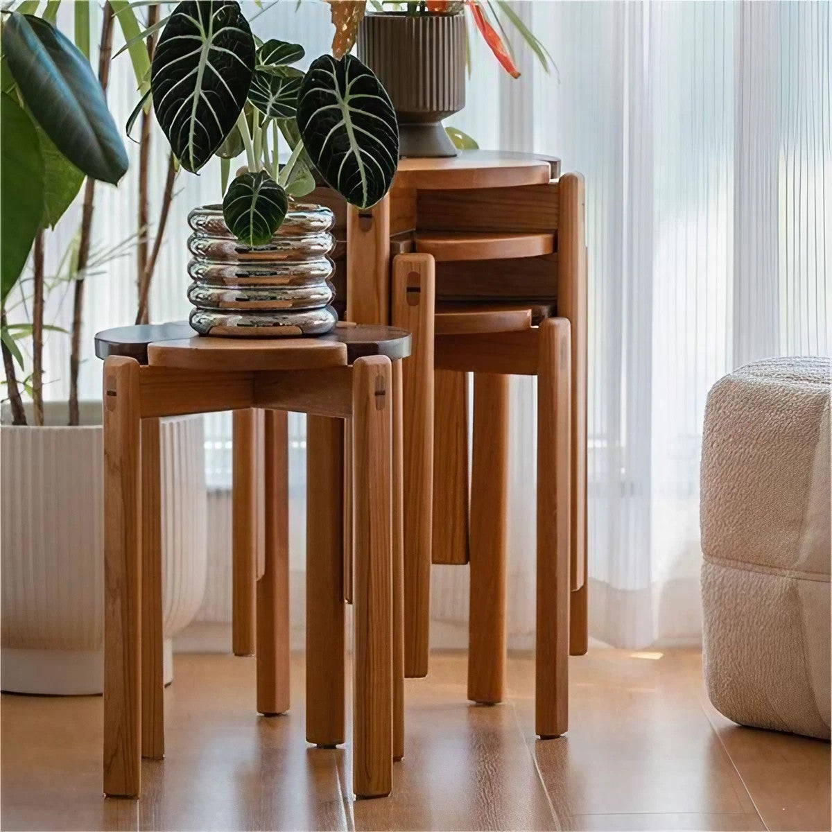 Cherry Wood And Black Walnut Wood Stackable Stool Four-Leaf Clover Dining Chair Side Table