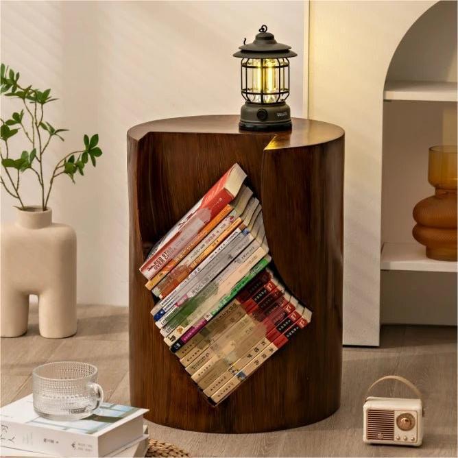 Tree Stump Side Table with Open Storage,Round Book Edge Cabinet,Creative Wooden Pile Storage