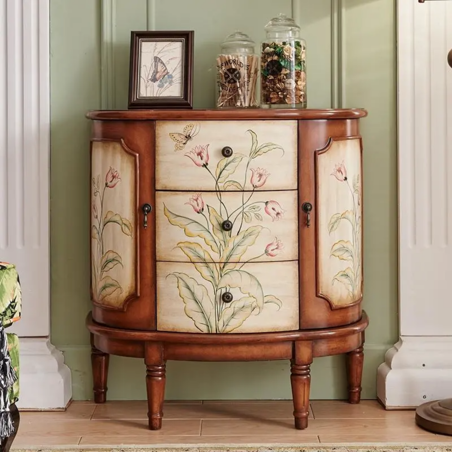 Solid Wood Hand-Painted Semicircular Carved Corridor Cabinet