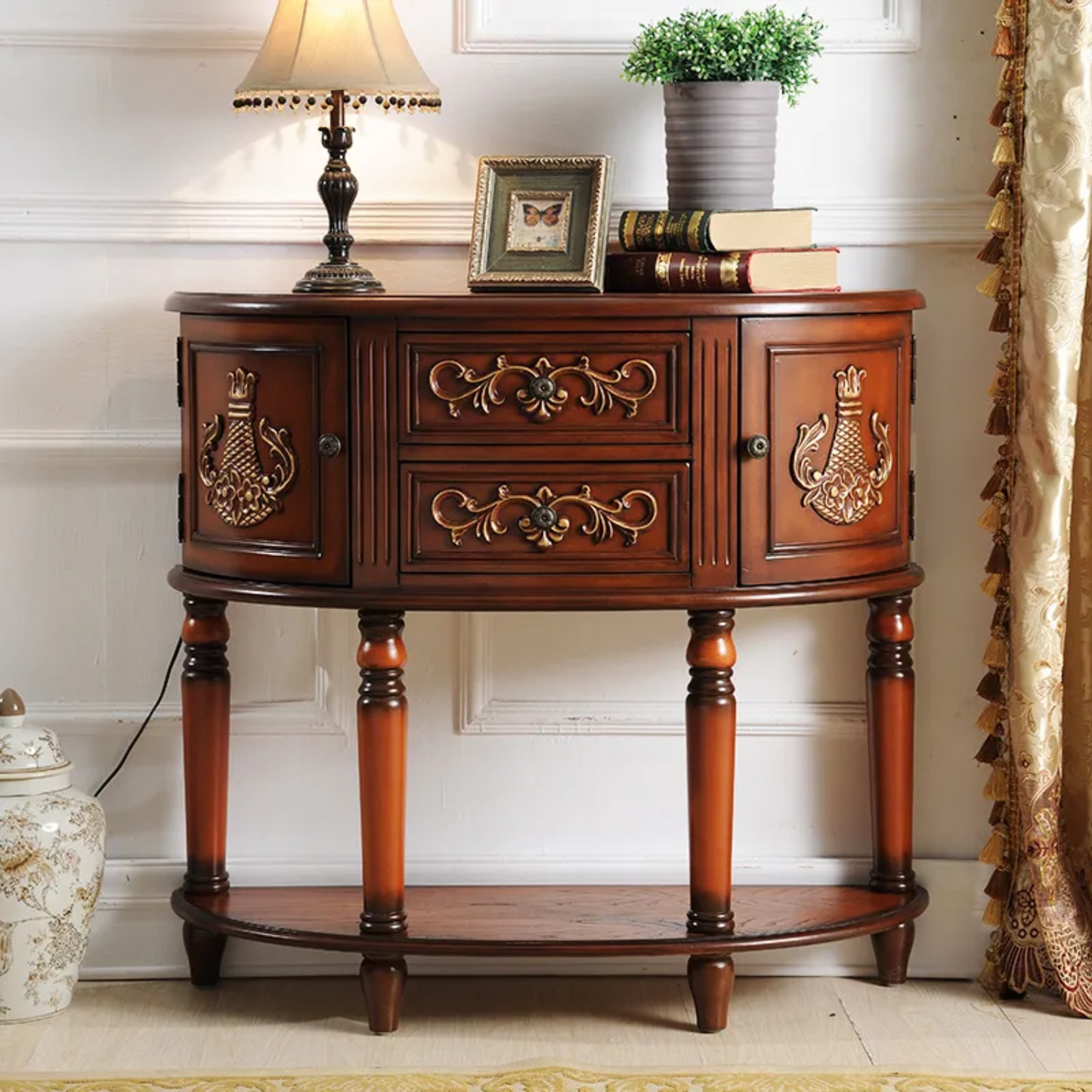 Retro Hand-Painted Semi-Circular Carved Wall-Mounted Hallway Table