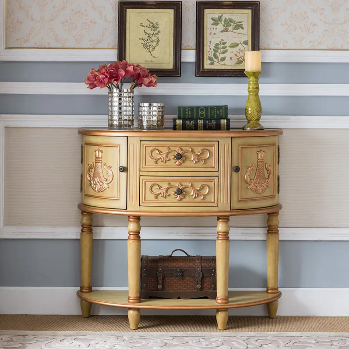 Retro Hand-Painted Semi-Circular Carved Wall-Mounted Hallway Table