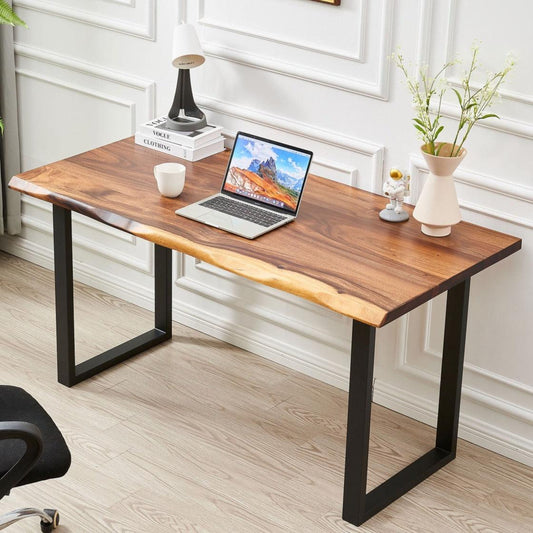 Elevate your workspace with this chic wooden desk featuring a natural edge, set on sleek black metal legs. Perfect for modern interiors. #HomeOffice #WorkFromHome #MinimalistDesk #InteriorDesign