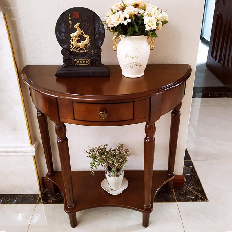 Solid Wood Half Moon Console Table With Shelf And Drawer - Woodartdeal