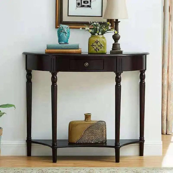 Solid Wood Half Moon Console Table With Shelf And Drawer - Woodartdeal