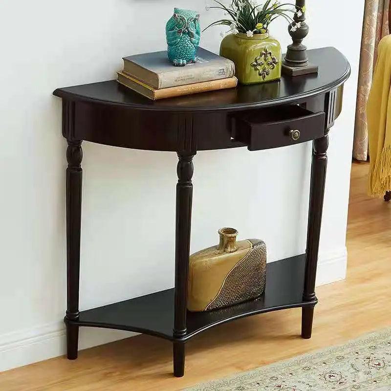 Solid Wood Half Moon Console Table With Shelf And Drawer - Woodartdeal